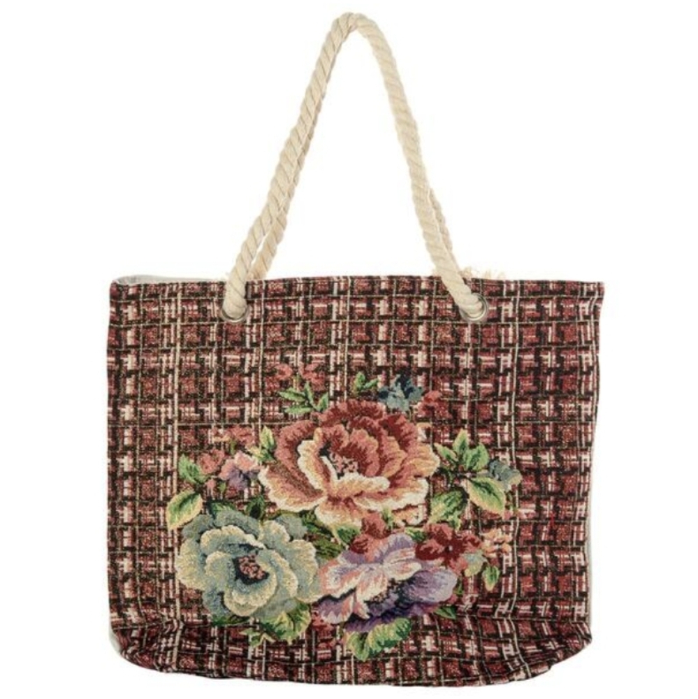 Embroidered Floral Houndstooth Shimmer Design Zip Top Tote W/ Rope Handles NWT